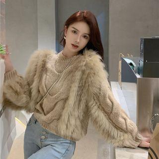 Fluffy Panel Sweater Khaki - One Size