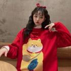 Cat Print Frog-button Sweatshirt Red - One Size