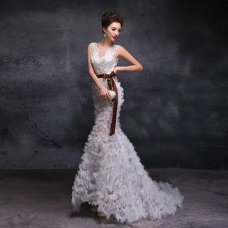 Sleeveless Ruffle Mesh Mermaid Wedding Gown