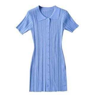 Short-sleeve Collared Knit Mini Sheath Dress