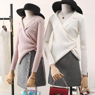 Long-sleeve Notch-lapel Wrap Knit Top
