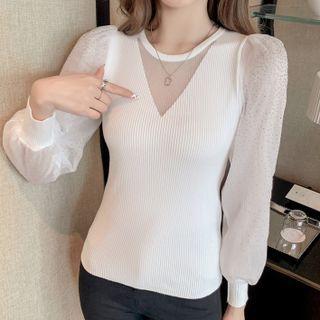 Long-sleeve Rhinestone Mesh Panel Knit Top