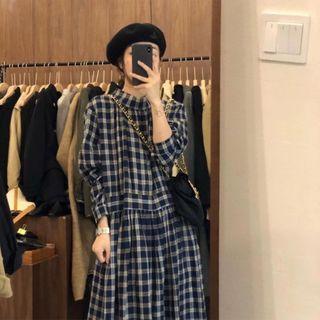 Long-sleeve Plaid Midi A-line Dress Plaid - Dark Blue - One Size