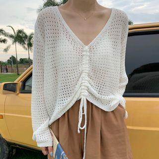Long-sleeve V-neck Cut-out Drawstring Knit Top