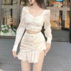 Set: Long-sleeve Cropped Blouse + Frill Trim Mini A-line Skirt