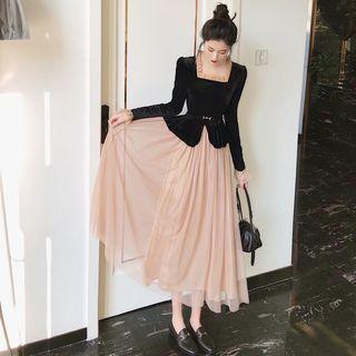 Mock Two-piece Long-sleeve Midi Dress Black & Almond - One Size