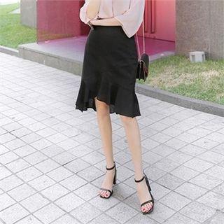 Asymmetric Ruffle-hem Linen Blend Midi Skirt