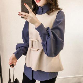 Set: Mandarin Collar Chiffon Blouse + Vest