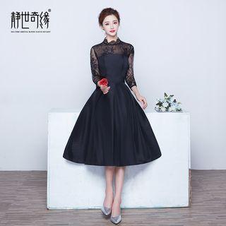 Lace Panel 3/4-sleeve A-line Cocktail Dress