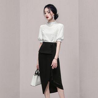 Set: Short-sleeve Mock-neck Dotted Top + Asymmetrical Pencil Skirt