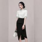 Set: Short-sleeve Mock-neck Dotted Top + Asymmetrical Pencil Skirt