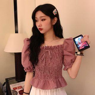 Puff-sleeve Checked Shirred Crop Top