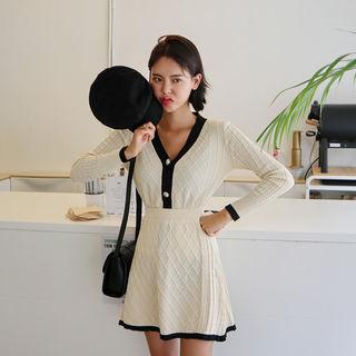 Contrast-trim Waffle-knit Cardigan & Miniskirt Set