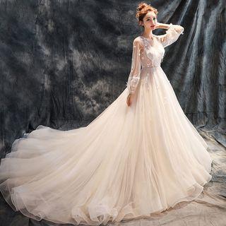 Flower Applique Lantern-sleeve Wedding Ball Gown