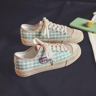 Bear Embroidered Plaid Lace Up Sneakers