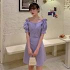 Puff-sleeve Buttoned A-line Mini Dress Purple - One Size