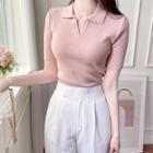 Buttonless Rib-knit Polo Shirt