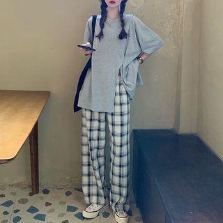 Elbow-sleeve Side-slit T-shirt / Plaid Straight Leg Pants
