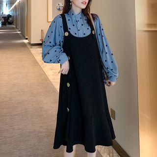 Set: Long-sleeve Dotted Shirt + Midi A-line Pinafore Dress