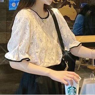Short-sleeve Lace Floral Mesh Blouse