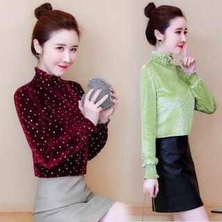 Glitter Mock-turtleneck Long-sleeve Velvet Top