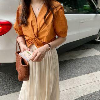 Balloon-sleeve Twisted Blouse / Midi A-line Skirt