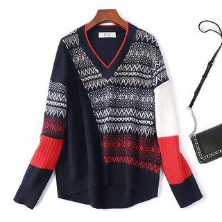 V-neck Print Panel Sweater Navy Blue - One Size