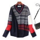 V-neck Print Panel Sweater Navy Blue - One Size