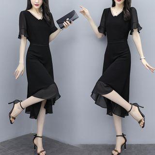 V-neck Short-sleeve Ruffle Hem A-line Chiffon Dress
