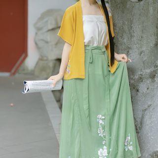 Hanfu Set Of 3 : Embroidered Short-sleeve Long / Cropped Coat + Sling Top + Embroidered Semi-body Maxi Skirt