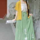 Hanfu Set Of 3 : Embroidered Short-sleeve Long / Cropped Coat + Sling Top + Embroidered Semi-body Maxi Skirt