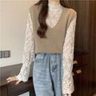 Plain Sweater Vest / Long-sleeve Mock-neck Lace Top