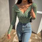 Plunge-neck See-through Slim Lace Top