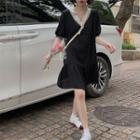Elbow-sleeve Lace Trim Mini Dress Black - One Size