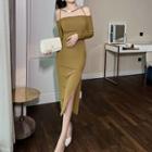 Long-sleeve Cold-shoulder Strappy Midi Sheath Dress