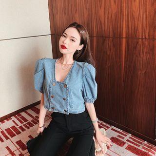 Denim Puff Short-sleeve Top Denim Blue - One Size
