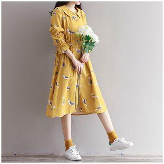 Bird Print Long-sleeve Midi Shirt Dress