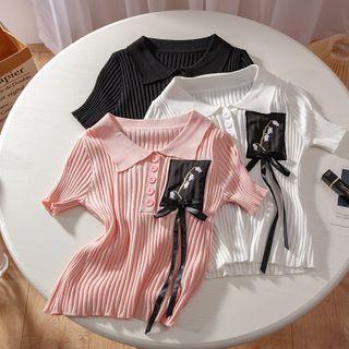 Short-sleeve Applique Collared Knit Top