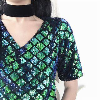 Sequined Slim-fit Short-sleeve Top