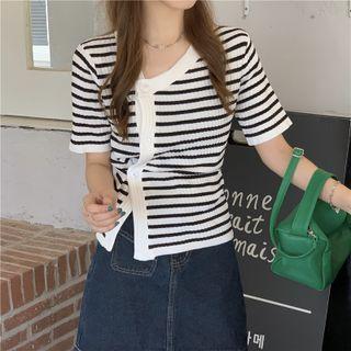 Asymmetrical Short-sleeve Shirred Cardigan