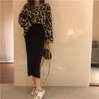 Leopard Pattern Sweater / Straight Fit Midi Skirt