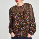 Long-sleeved Floral Print Panel Lace Blouse