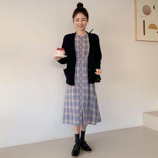 Plaid A-line Midi Shirtdress / Plain Cardigan