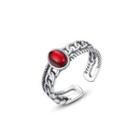 925 Sterling Silver Fashion Elegant Geometric Oval Red Imitation Gemstone Adjustable Open Ring Silver - One Size