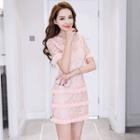 Short-sleeve Frill-trim Mini Bodycon Lace Dress