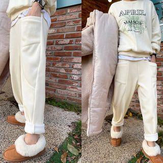 Pocket-detail Ribbed Baggy Pants Cream - One Size