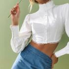 Long Sleeve Mock Neck Lace-trim Crop Shirt