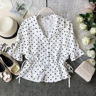 Short-sleeve Dotted Drawstring Waist Blouse