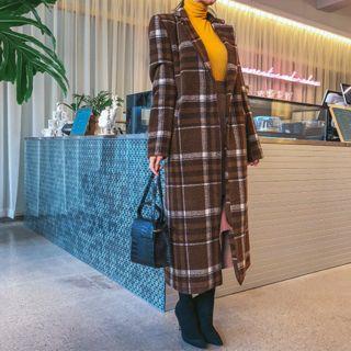 Lapelled Plaid Wool Blend Maxi Coat