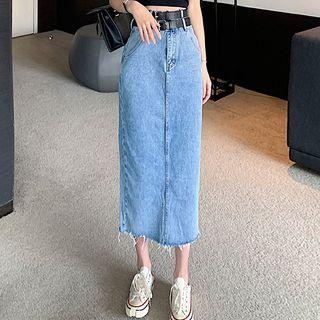 Fitted Double Belted Denim Midi Skirt